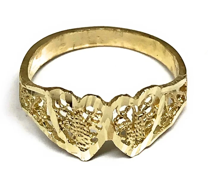 10k Solid Gold Yellow Double Heart Filigree Ring