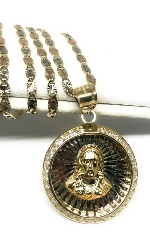 10k Solid Gold Yellow Gold Jesus Sagrado Corazon CZ Pendant Necklace Valentina Chain