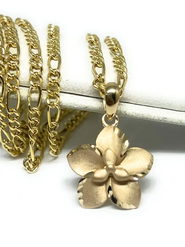 10k Solid Gold Yellow Hibiscus Flower Matte Pendant Necklace