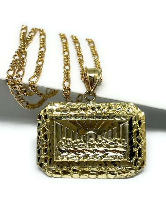 10k Solid Gold Yellow Jesus Last Supper NUGGET BORDER Rectangle Pendant Necklace (XL, LG, MED, SM)