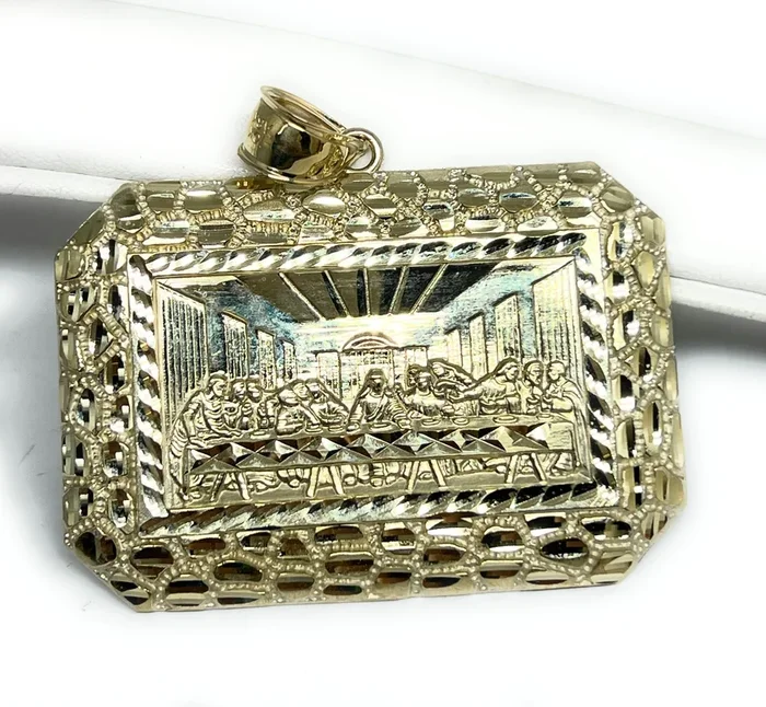 10k Solid Gold Yellow Jesus Last Supper NUGGET BORDER XXL BIG Rectangle Pendant Necklace