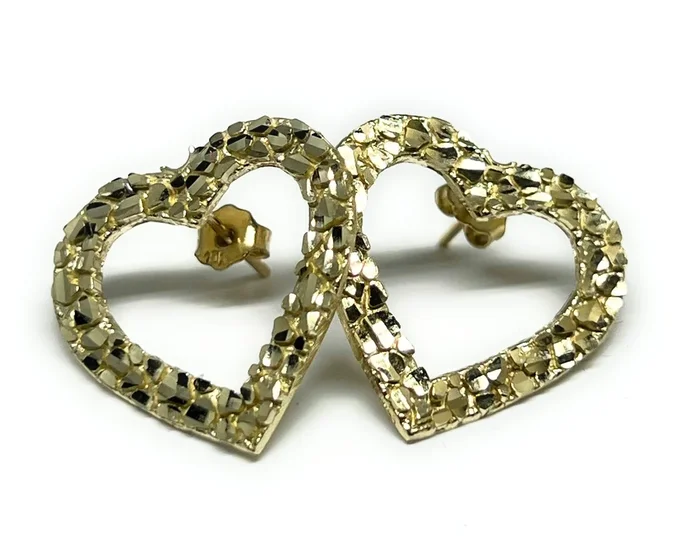 10k Solid Gold Yellow NUGGET Heart Stud Earrings