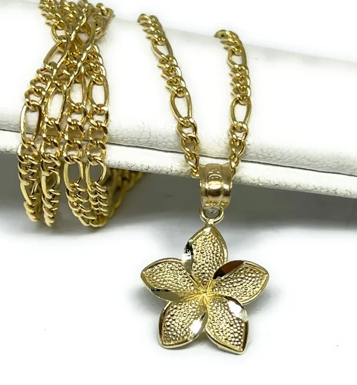 10k Solid Gold Yellow Plumeria Flower Pendant Necklace