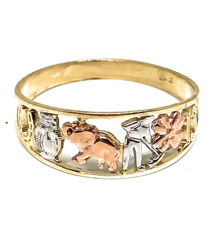 10k Solid Gold Yellow Tri-Color Lucky Symbols Ring Suerte