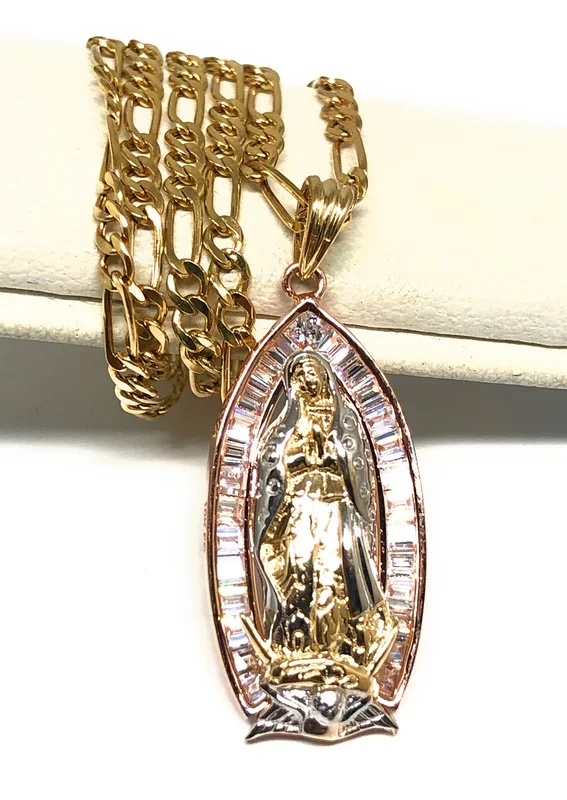 10k Solid Gold Yellow Virrgin Mary CZ Classic Pendant Necklace Virrgen Gaudalupe (FC)