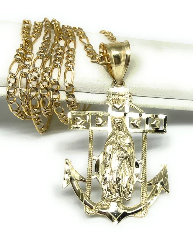 10k Solid Gold Yellow Virrgin Mary Virrgen Guadalupe Anchor Pendant Necklace