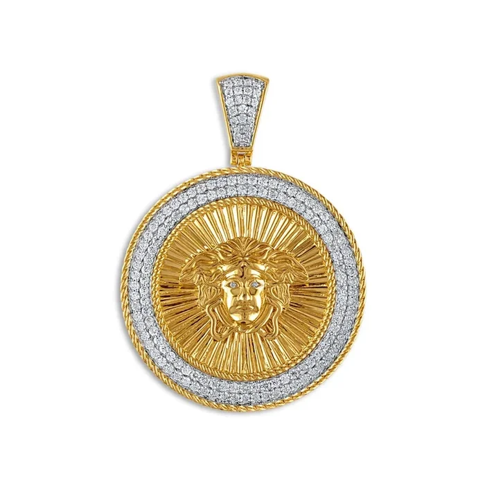 10KT Yellow Gold 1-1/2 CTW Round Natural Diamond 35MM Medal Pendant. Chain Not Included
