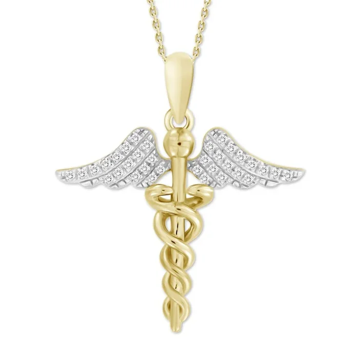 10KT Yellow Gold 1/10 CTW Natural Diamond 24MM 18-inch Angel Wings Caduceus Nurse Pendant