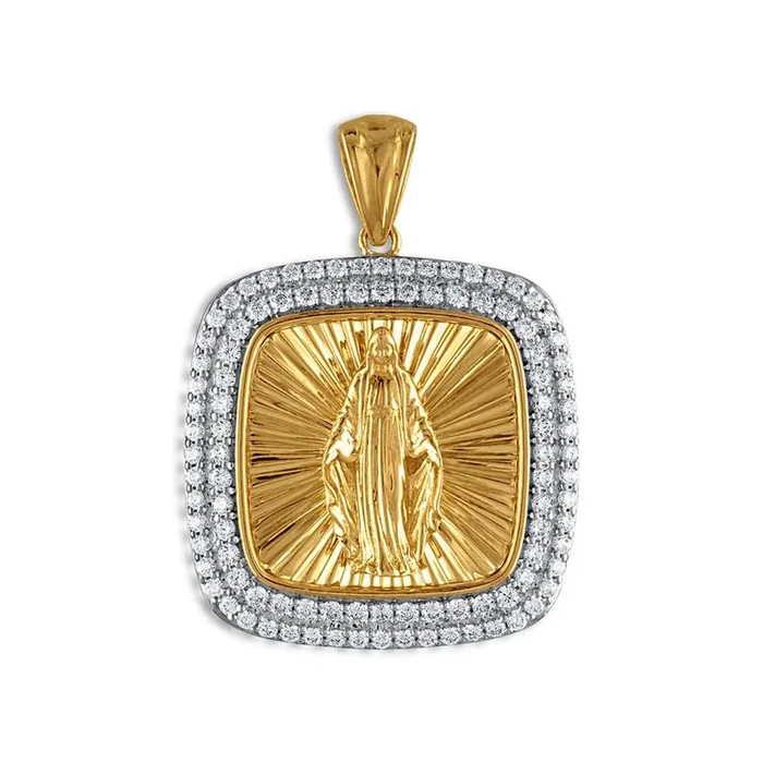 10KT Yellow Gold 1-3/4 CTW Round Natural Diamond 29MM Guadalupe Medal Pendant. Chain Not Included
