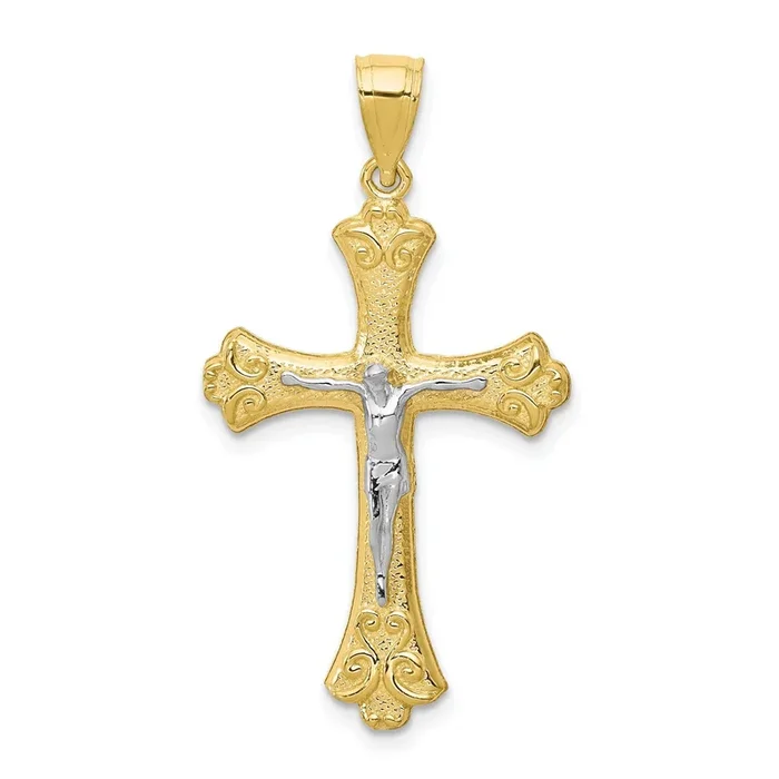 10KT Yellow Gold With Rhodium Plating 35X21MM Fleur De Lis Crucifix Cross Pendant. Chain Not Included