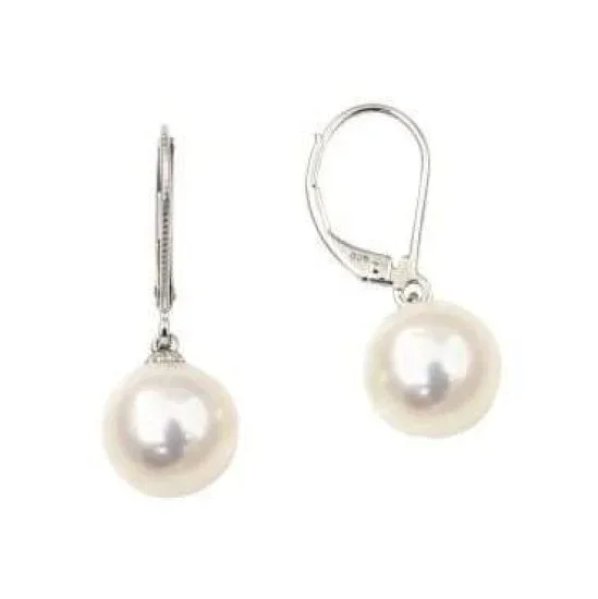 10MM Round Pearl Leverback Earrings in 14KT White Gold