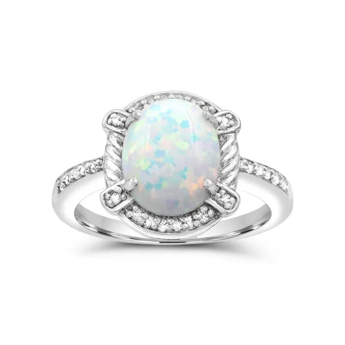 10X8MM Created Opal and White Sapphire Ring in Sterling Silver