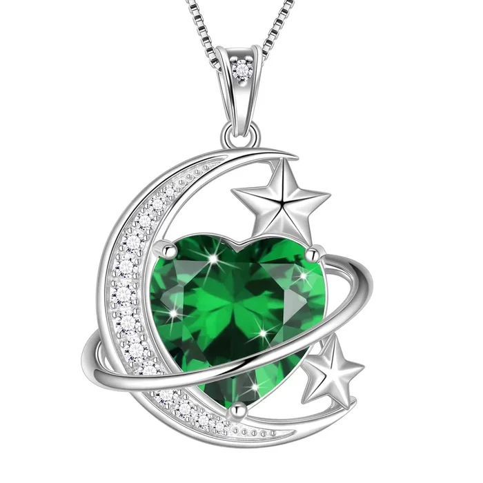13 mm Damen-Halskette mit Mond- und Sternanhänger in Herzform, Geburtsstein Mai, 925er Sterlingsilber, grüner Smaragd, himmlischer Schmuck, Geschenkidee zu Weihnachten, Valentinstag, Geburtstag oder Muttertag für Mama