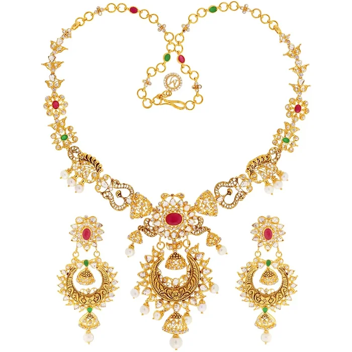 14.65CTW Rose Cut Diamond Necklace Set with Gemstones in 22K Gold