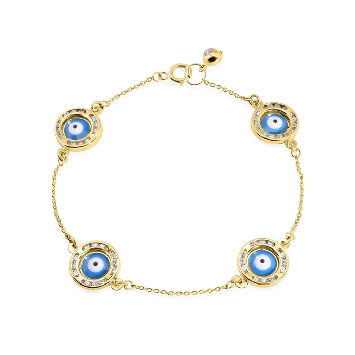 14B00002. – 14 Karat Yellow Gold 030 Cable Enamel 4 Evil Eye Charm Clear CZ Bracelet