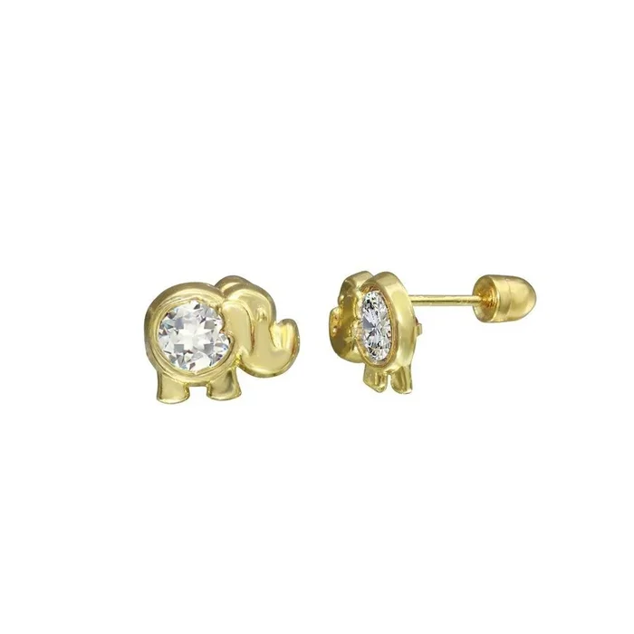 14E00047. – Aretes de oro amarillo de 14 quilates con forma de elefante y circonita roja
