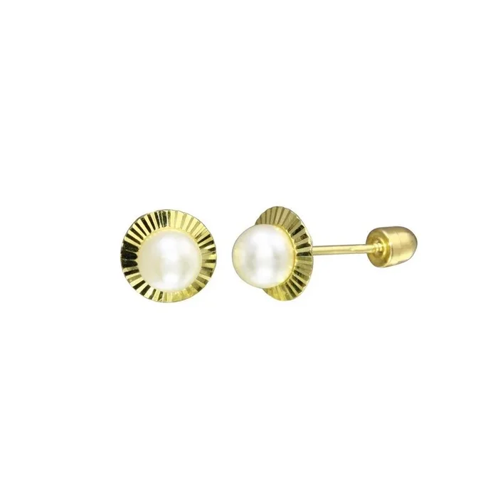 14E00055. – 14 Karat Yellow Gold 4mm Pearl Center Diamond Cut Disc Screw Back Stud Earring