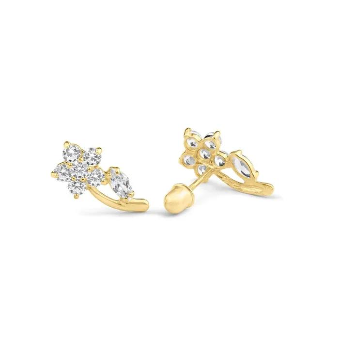 14E00098. – 14 Karat Yellow Gold Flower Leaf Clear CZ Screw Back Stud Earring