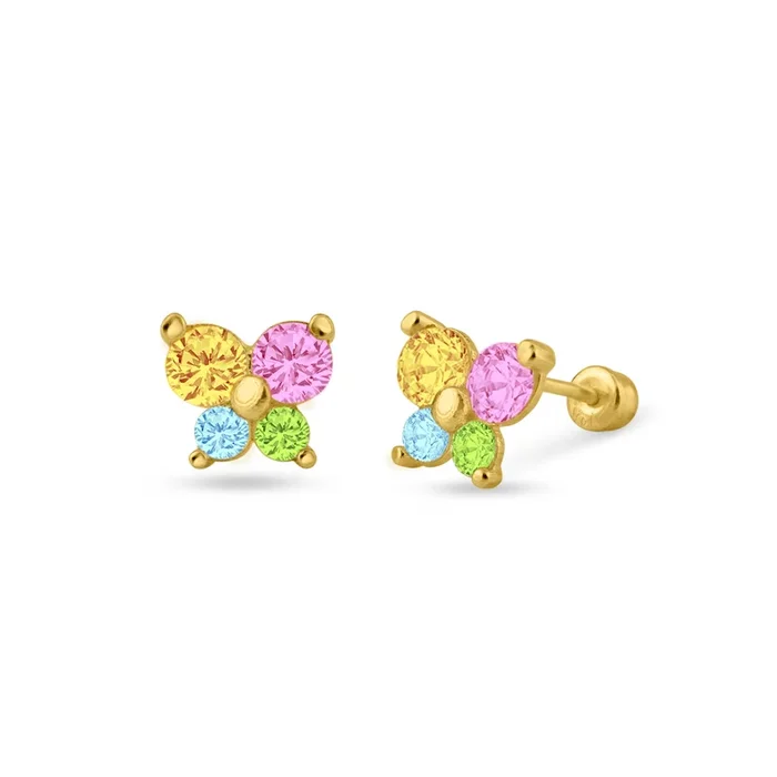 14E00136MUL – Aretes con cierre de tuerca con circonita multicolor y mariposa amarilla de 14 quilates