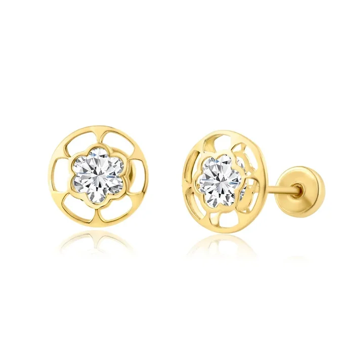 14E00230. – 14 Karat Yellow Gold CZ Flower Screw Back Earring