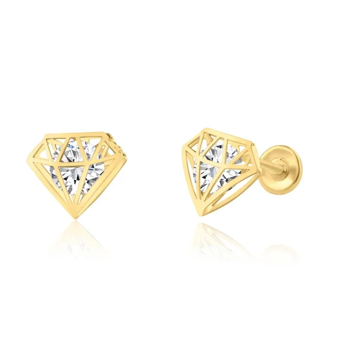 14E00233. – 14 Karat Yellow Gold CZ Diamond Design Screw Back Earring