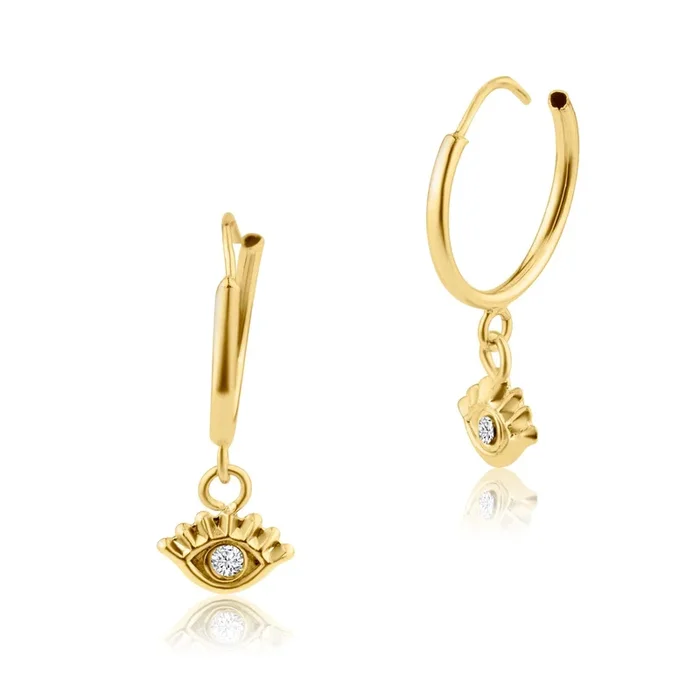 14E00237. – 14 Karat Yellow Gold Dangling Eye Hoop Earring