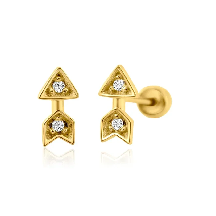 14E00287. – 14 Karat Yellow Gold Arrow CZ Screw Back Earring