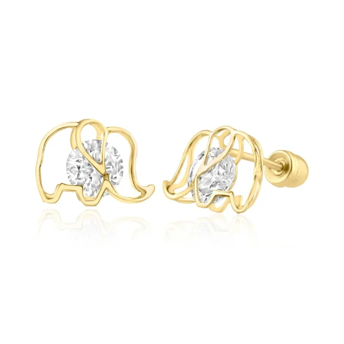 14E00295. – 14 Karat Yellow Gold Elephant Silhoutte CZ Screw Back Earring