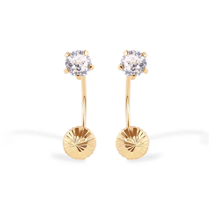 14E00347. – Pendientes con cierre de tornillo frontal de 3 mm estilo teléfono con circonita transparente y talla diamante en oro amarillo de 14 quilates