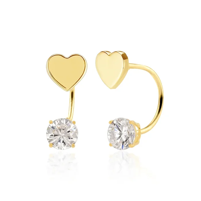 14E00409. – 14 Karat Yellow Gold Heart CZ Telephone Style Earrings