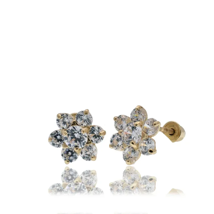 14E00467-CLR – 14 Karat Yellow Gold Flower Clear CZ 7.6mm Screw Back Earring