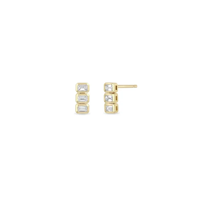 14k 3 Horizontal Emerald Cut Diamond Tennis Drop Earrings
