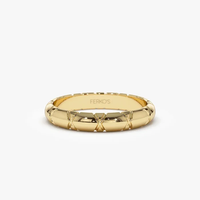 14k 3MM Unique X Cut Design Gold Wedding Ring