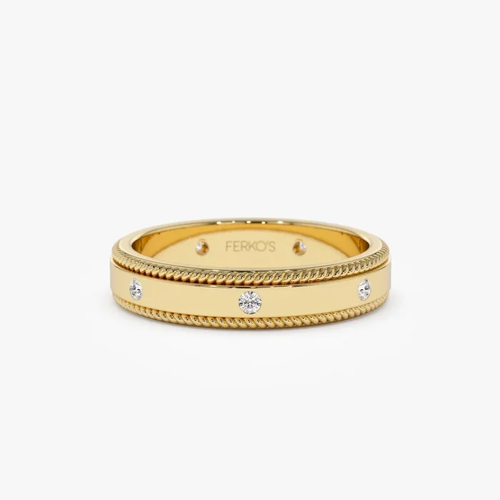 14k 4MM Flat Milgrain Edge Diamond Wedding Band