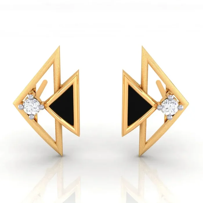 14k (585) Gold Earrings Having A Fish Shape Design And Black Meena With An Embedded Stone