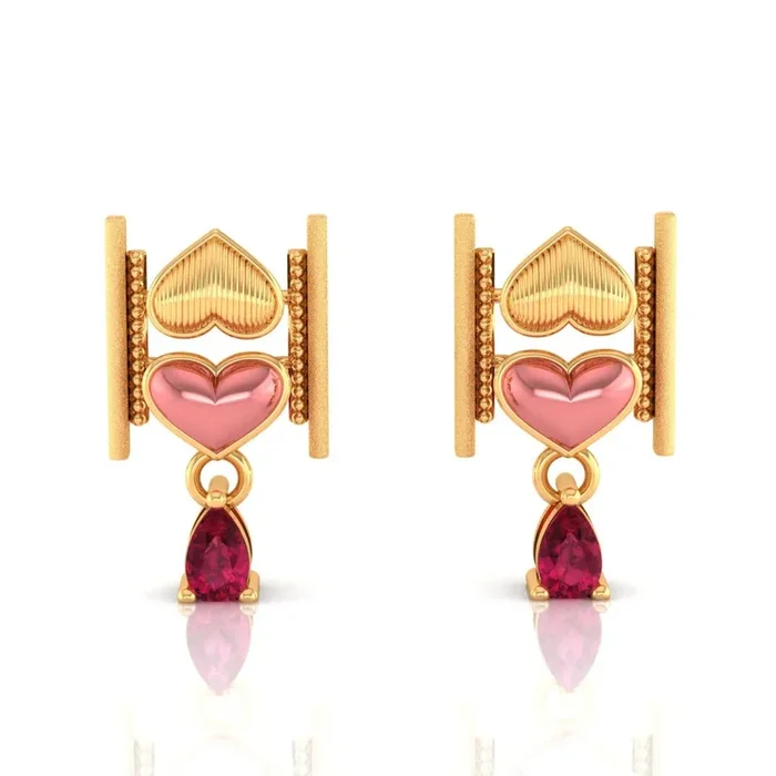 14k (585) Gold Earrings With Stacked Hearts Design And Stone Dangles