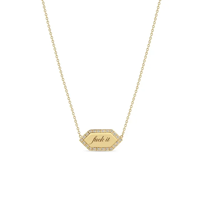 14k “fuck it” Elongated Hexagon Pavé Diamond Border Tag Necklace