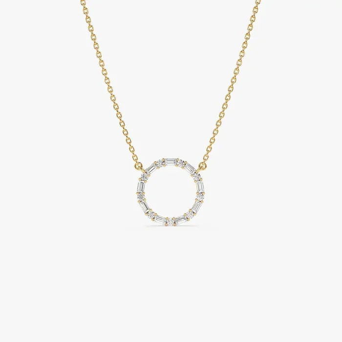 14k Baguette & Round Diamond Circle Necklace