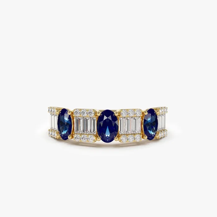 14K Baguette & Round Diamond with Genuine Sapphire Ring