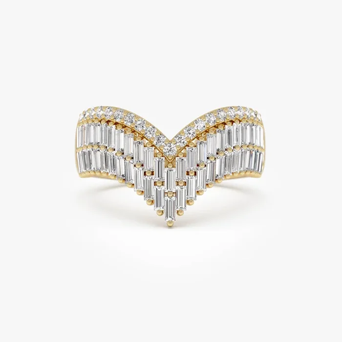 14k Baguette and Round Diamond Chevron Statement Ring