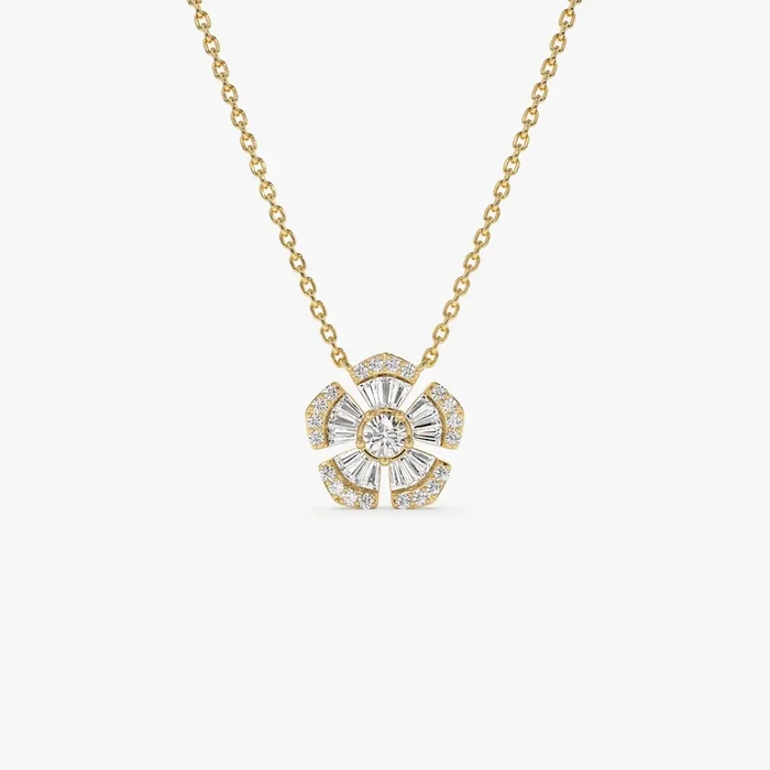 14k Baguette and Round Diamond Flower Necklace