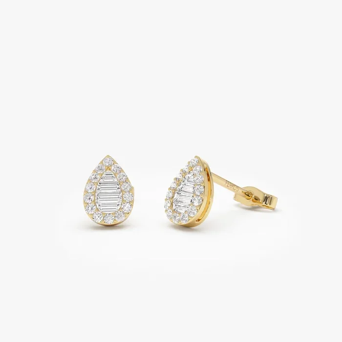 14k Baguette and Round Diamond Pear Studs
