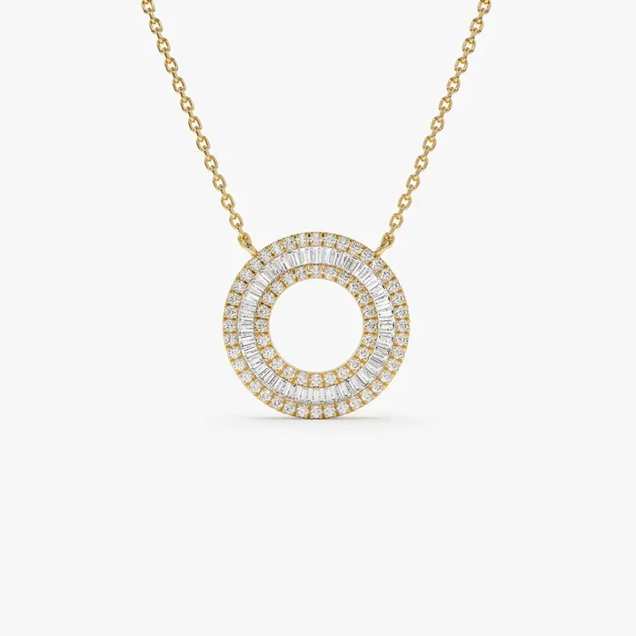 14k Baguette Diamond Circle Pendant Necklace