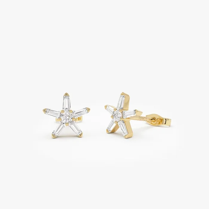 14k Baguette Diamond Star Earrings