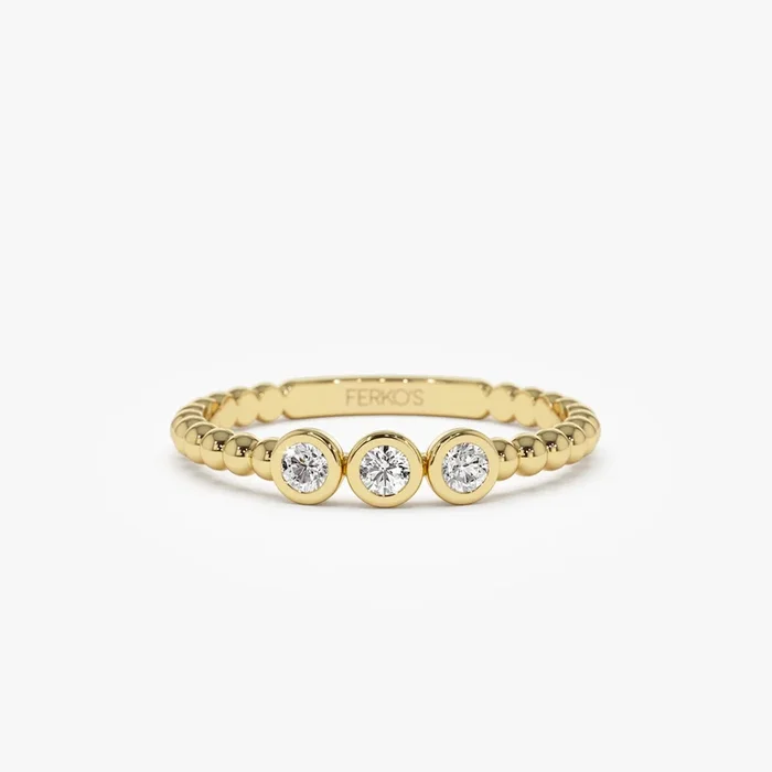 14k Beaded Three Stone Diamond Ring