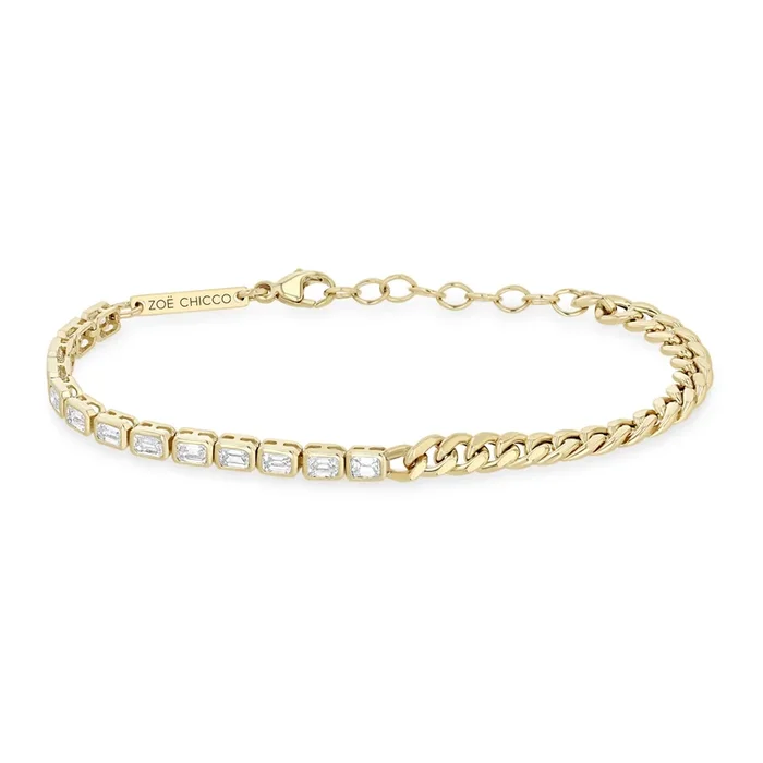 14k Curb Chain & Emerald Cut Diamond Half Tennis Bracelet