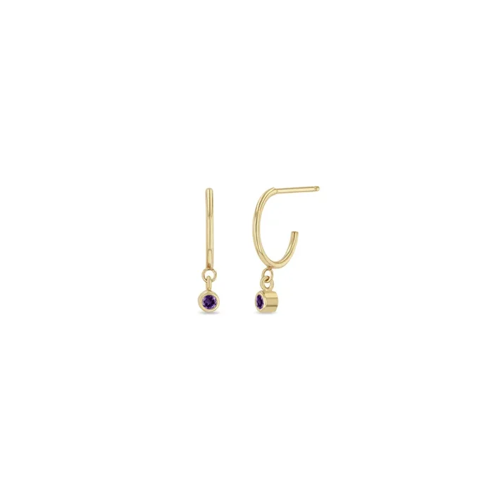 14k Dangling Amethyst Huggie Hoops | February Birthstone