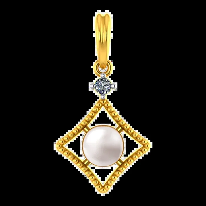 14k Diamond Shaped Gold Pendant With A Pearl And Stone Detailing