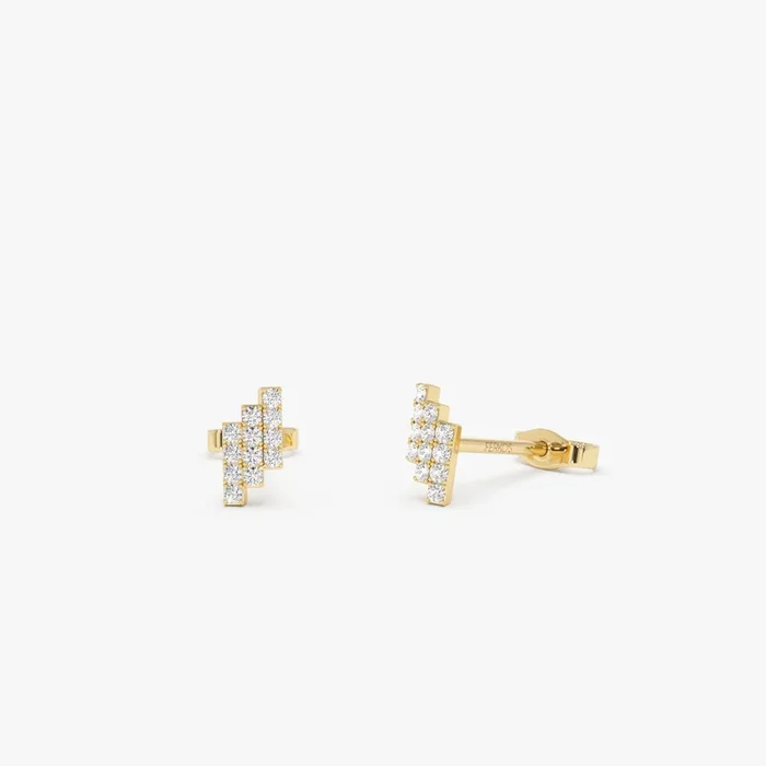 14k Diamond Step Design Geometric Stud Earrings