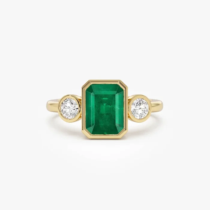 14k Emerald Bezel Set Three Stone Ring